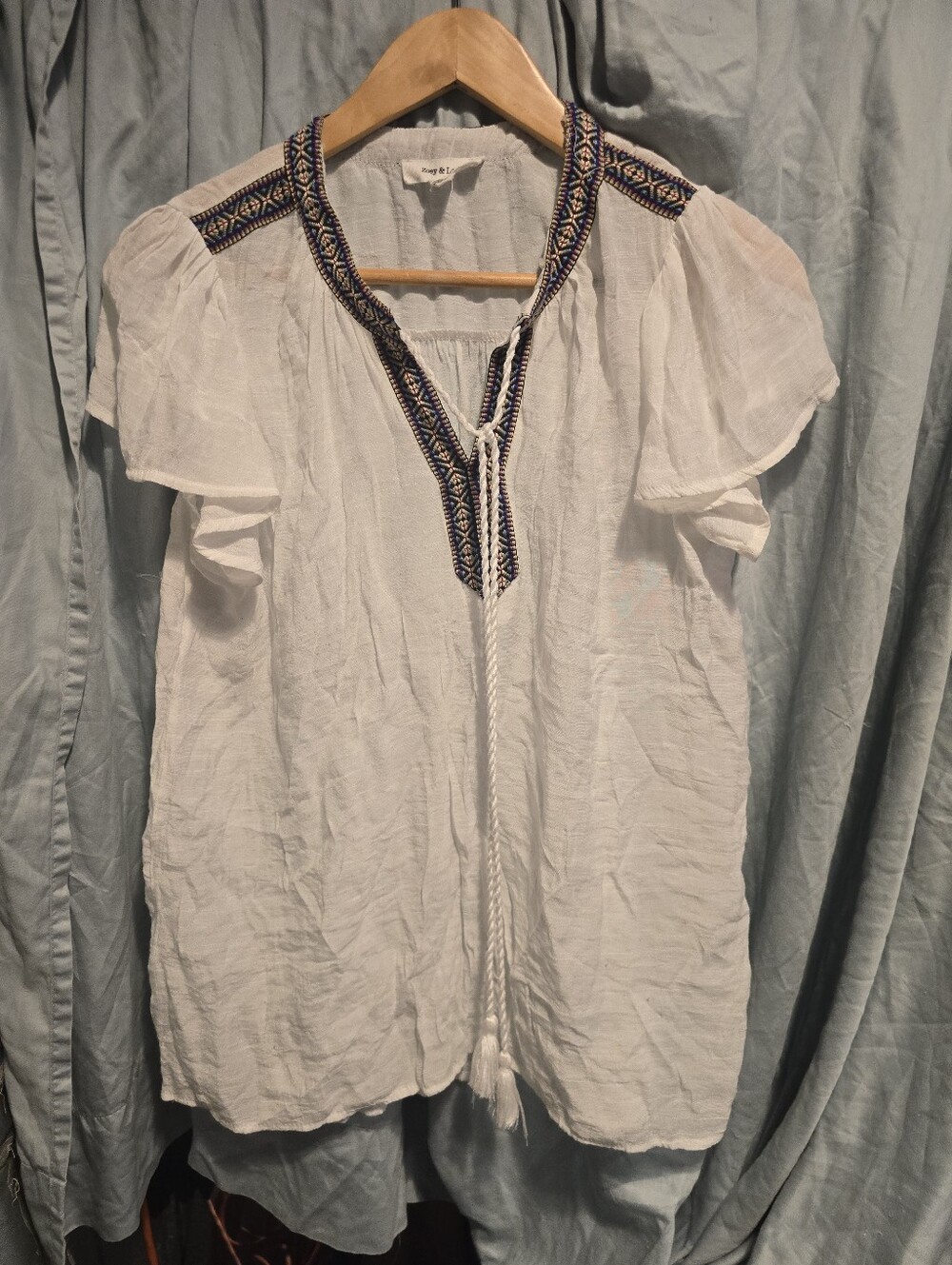 White Embroidered V-Neck Peasant Blouse with Tassel Tie